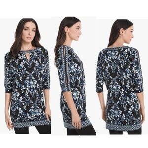 White House Black Market Officer Blue Ecru Printed Keyhole Tunic Dress Medium M